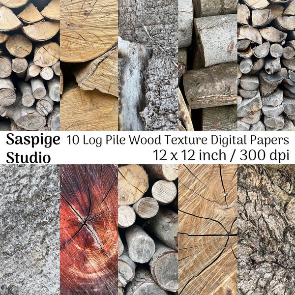 Natural Log Pile Digital Paper Bundle -  Nature texture scrapbook printable - Tree Wallpaper Backdrop - Instant Download - Commercial Use