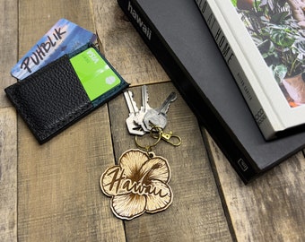 Handmade Wood Keychain from Hawaii - Laser Engraved Hibiscus Flower Design