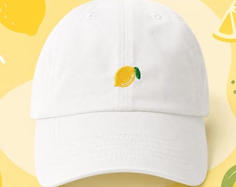 Lemon Dad Hat, Embroidered Fruit Baseball Cap, White Low Profile Cotton Twill Adjustable Hat