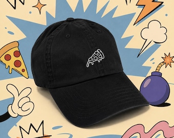 May include: Black baseball cap with a white embroidered pizza slice. The cap is surrounded by cartoon graphics including a pizza slice, lightning bolt, and bomb.