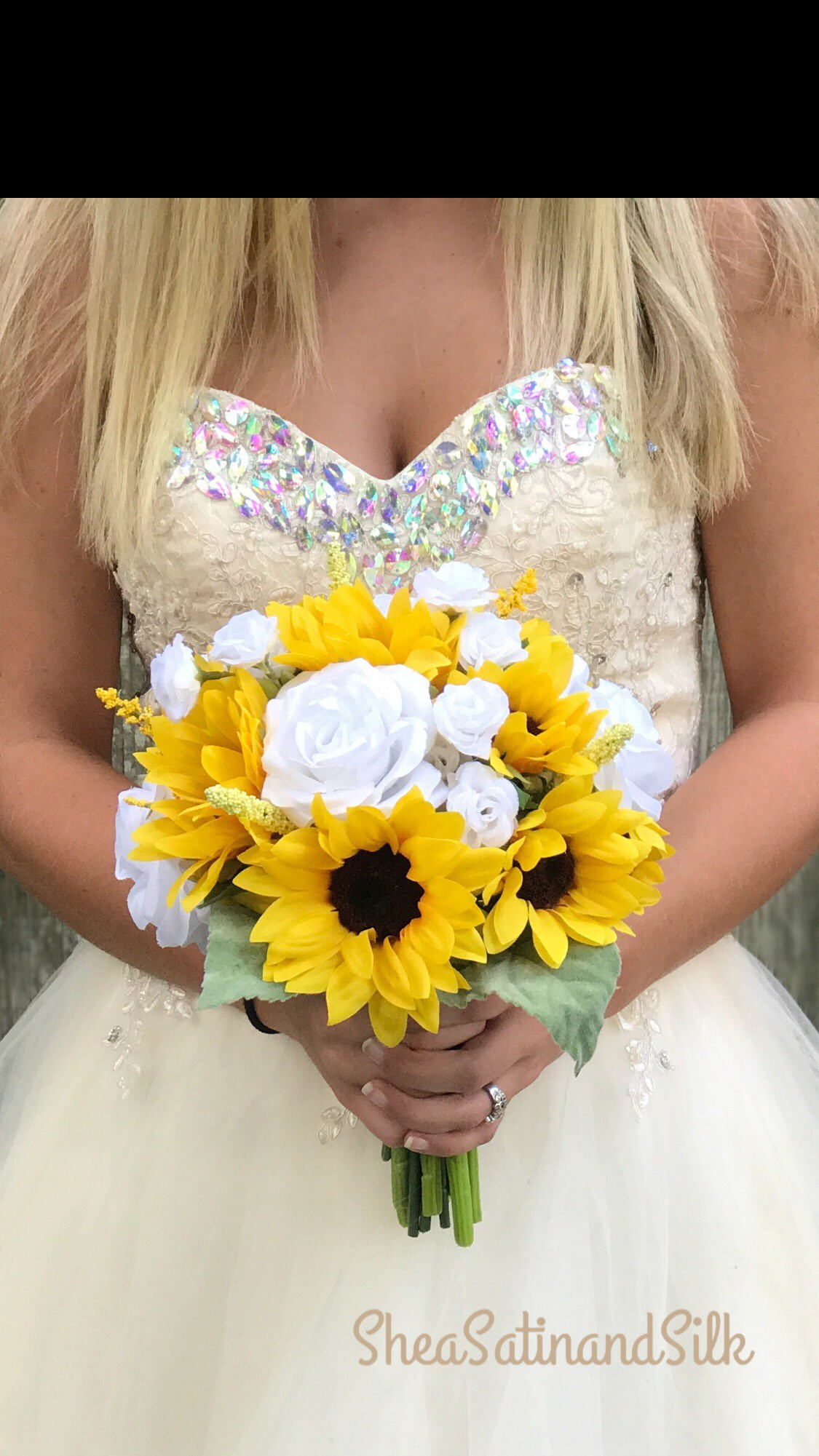 Sunflower and white rose wedding bouquet Clearance