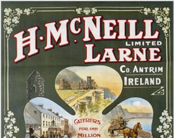 Póster decorativo de arte retro de H. Mc Neill con diseño de trébol de cuatro hojas, ideal para viajes y turismo en el norte de Irlanda.