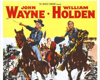 May include: A vintage movie poster for the film "The Horse Soldiers" starring John Wayne and William Holden. The poster features a yellow background with a red title and a scene of the two actors on horseback.