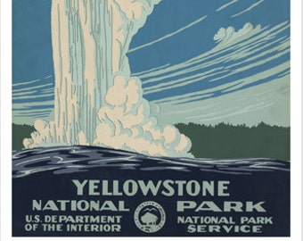 Yellowstone National Park Vintage Retro Art USA Tourism Travel Poster Giant Geyser Wilderness Nature Americana