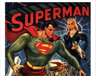 May include: A vintage poster for the Superman movie serial "Blast in the Depths." The poster features a red, blue, and yellow Superman costume, a woman in a black dress, and a rocket-like object. The text "Superman" is in large, bold letters at the top of the poster. The text "Blast in the Depths" is in smaller letters below the image. The text "A Columbia Serial" is in even smaller letters below that.