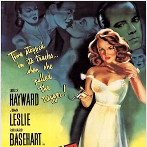 May include: Vintage movie poster for "Repeat Performance." The poster features a woman in a white dress holding a gun, with text that reads "Time stopped in its tracks... when she pulled the trigger!" and the names of the actors.