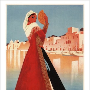May include: A vintage travel poster advertising the island of Procida, Italy. The poster features a woman in traditional clothing holding a fan, with a colorful cityscape and boats in the background. The text on the poster reads "Procida, l'isola di "Graziella"  Per informazioni e prospetti: Ente Provinciale per il Turismo - Napoli."