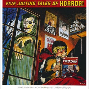 May include: A vintage movie poster for the horror anthology film "Creepshow" featuring a boy reading a comic book with a creepy figure peering through a window. The poster is red and black with the title "Creepshow" in large white letters. The tagline is "Five Jolting Tales of Horror!"