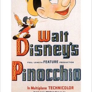 Arte decorativa retrò 1940 American Cartoon Animated Musical Fantasy Film Pinocchio Movie Poster