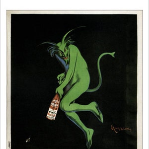 May include: A vintage poster advertising Maurin Quina, a French tonic wine. The poster features a green, devil-like creature holding a bottle of the wine. The text on the poster reads "Maurin Quina Le Puy France".