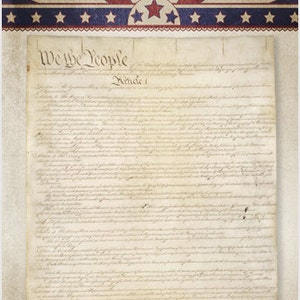 May include: A vintage, faded image of the United States Constitution, signed on September 17, 1787. The document is framed with a red, white, and blue patriotic border.