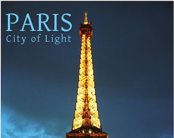 Póster inspirador de la Torre Eiffel iluminada de noche en París, la ciudad de la luz.