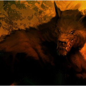 May include: A close-up of a snarling werewolf with sharp teeth and glowing eyes. The werewolf is in a dark, shadowy setting with a textured background.
