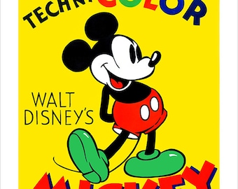 May include: A vintage poster advertising Walt Disney's Mickey Mouse in Technicolor. Mickey Mouse is depicted in a yellow, red, and black cartoon style, smiling and walking. The poster has a yellow background with the text "now in TECHNICOLOR" at the top and "Released thru UNITED ARTISTS" at the bottom.