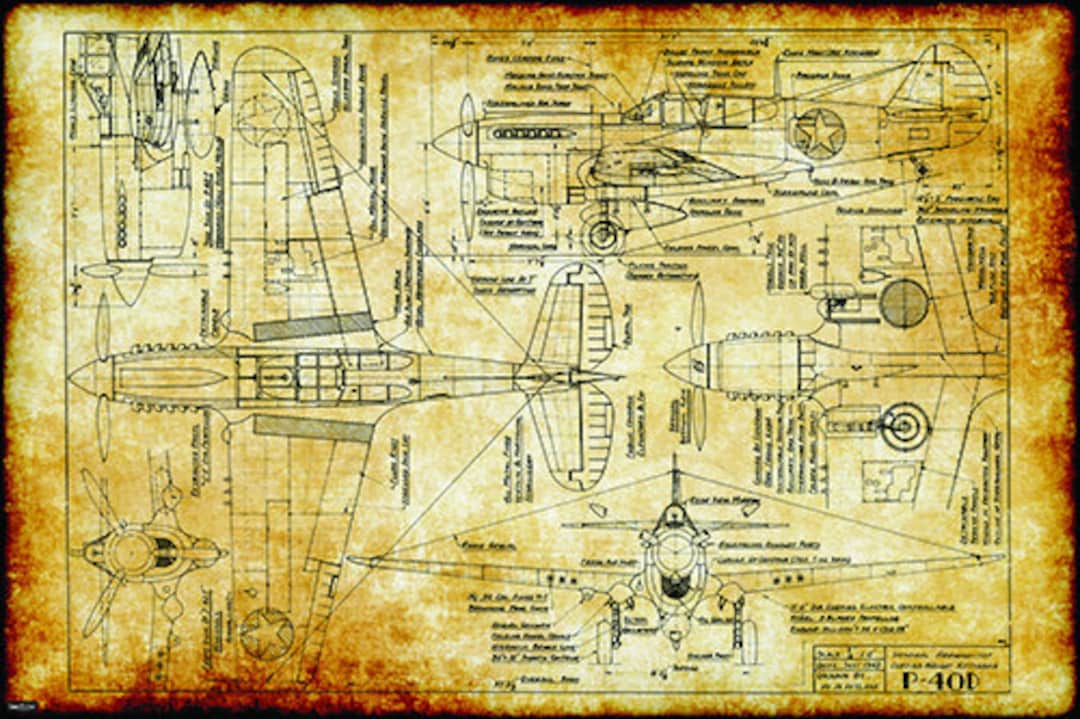 Retro Vintage World War 2 Aircraft Kittyhawk P40D War Plane Engineering Technical Drawing