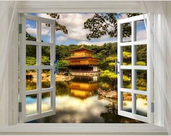 Scenic Picturesque Open Window To The Golden Pavilion Kyoto Japan Poster