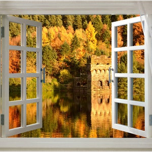 Decorativo pintoresco pintoresco vista de ventana abierta en la hermosa y colorida temporada de otoño en un póster del lago