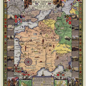 Decoratieve 1932 Verenigde Staten Historische Wereldoorlog 1 Gedetailleerde kaart van de Amerikaanse Miliray Army Expeditionary Force Poster