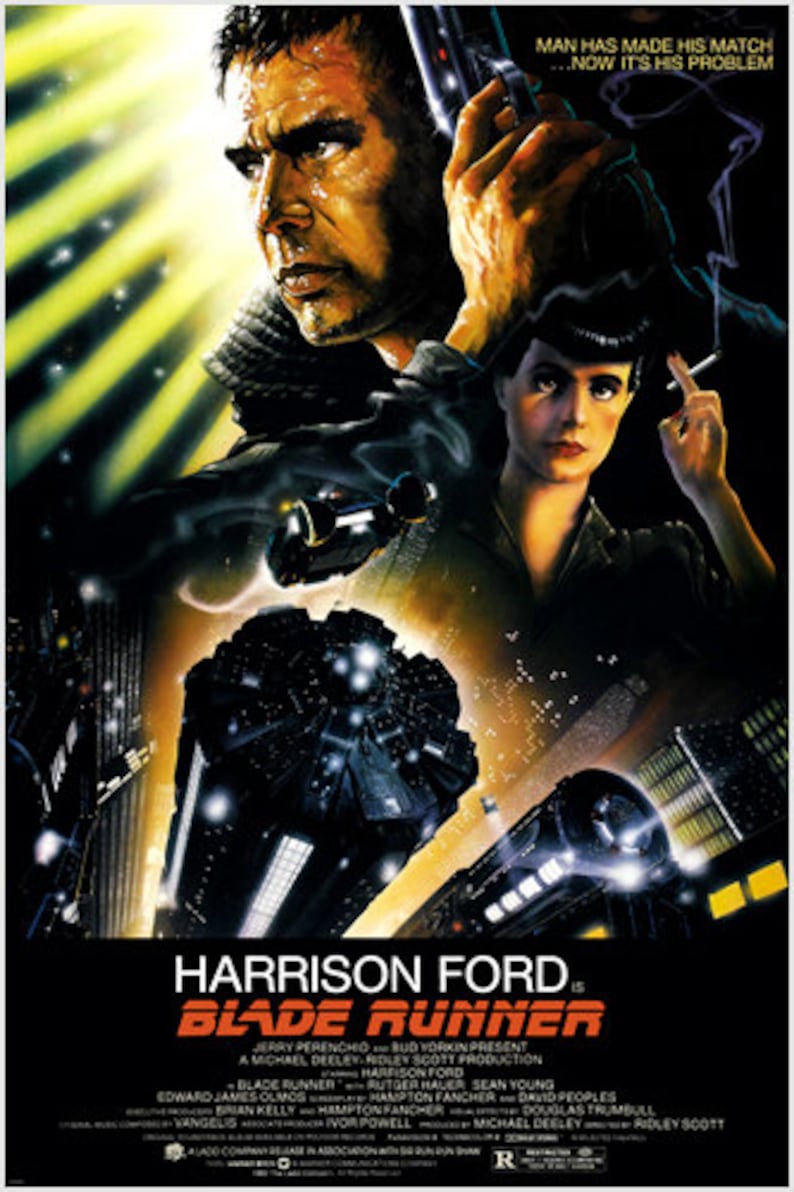 May include: A movie poster for the film Blade Runner, featuring Harrison Ford as Rick Deckard, a blade runner who hunts down rogue androids called replicants. The poster features a futuristic cityscape with a large spaceship in the background. The text on the poster reads "Harrison Ford is Blade Runner".
