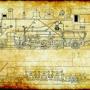 Op de afbeelding: Een vintage blauwdruk-stijl illustratie van een stoomlocomotief met het nummer 110 aan de zijkant. De locomotief is getekend in zwart-wit op een bruine papieren achtergrond.