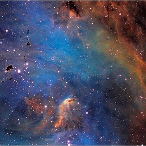 May include: A vibrant nebula with swirling clouds of blue, red, and orange gas. The nebula is filled with countless stars, some of which are bright and white.