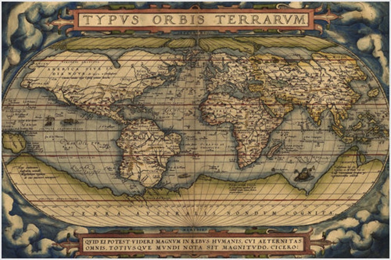 Retro Art Decorative 1570 Ortelius Map Of The World Golden Age of Netherlandish Cartography image 1