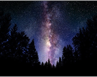 De Melkweg Outer Space Mooie Kleuren Licht Sterren Bomen Poster