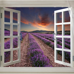 Scenic Beautiful Nature Open Window View Onto Lavender Field Purple Flowers Sunset France Poster