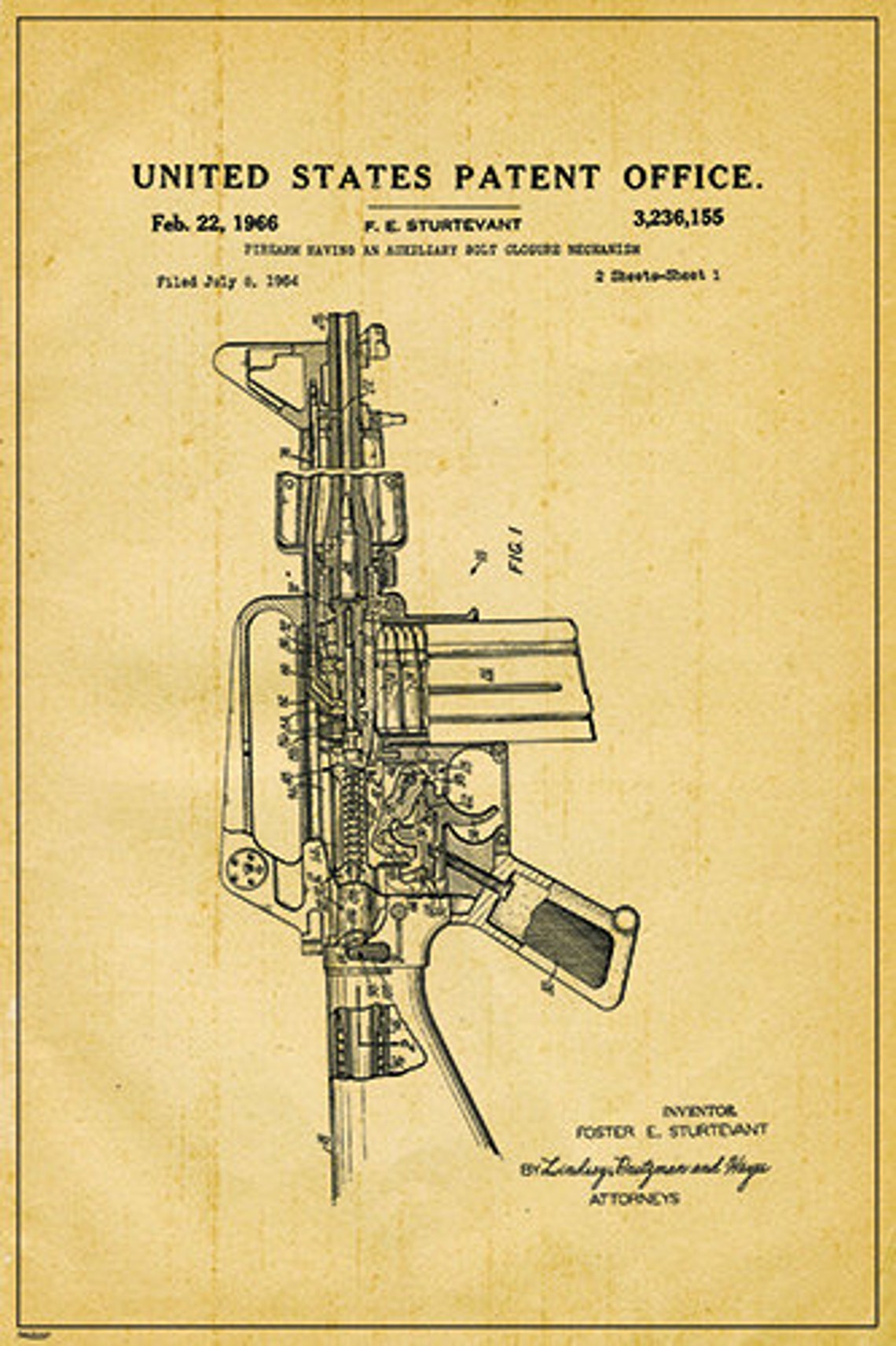 1966 AR15 Assault Rifle US Patent Blueprint Engineering Technical