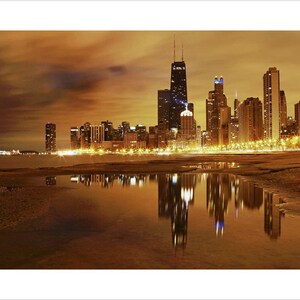 Decorative Scenic View of Chicago Cityscape at Night with Glowing Golden Light Reflecting on River Poster