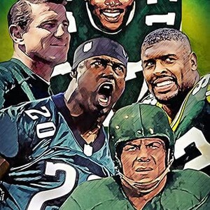 May include: A collage of five football players wearing green and white jerseys with different numbers. The players are all looking at the camera with serious expressions on their faces.
