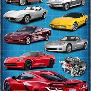 May include: A poster showing the evolution of the Chevrolet Corvette, featuring ten different models from the 1950s to the present day. The poster has a blue background with white grid lines and the text "Vette Evolution" at the top.