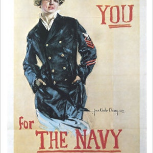 Retro Art Decorative Vintage I Want You For The Navy World War 1 US Navy Recruiting Poster Woman In Pea Coat