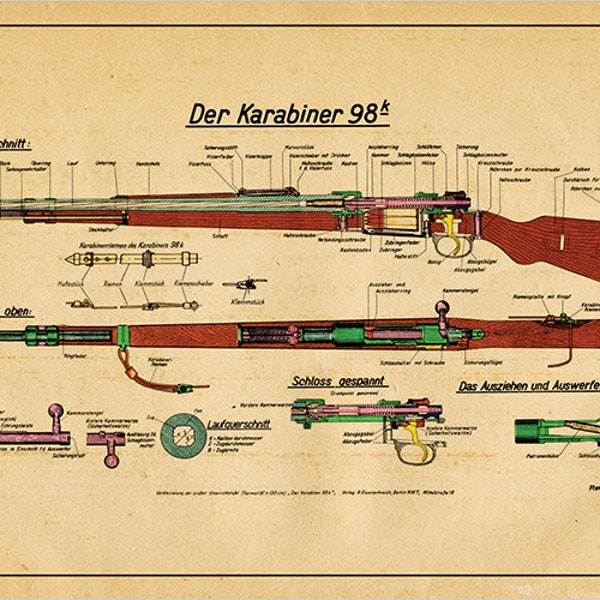 Karabiner 98 kurz Bolt-Action Rifle Chambered Patent Blueprint Engineering Technical Drawing Schematic Home Decor Print Poster