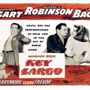 Op de afbeelding: Een vintage filmposter voor de film "Key Largo" met Humphrey Bogart, Edward G. Robinson en Lauren Bacall. De poster heeft een rode achtergrond met witte tekst en afbeeldingen van de acteurs.