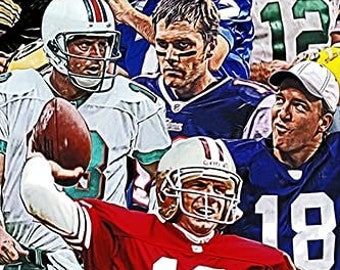 May include: A collage of American football players in their team uniforms. The image features players in action, wearing helmets and jerseys with numbers. The color palette includes red, white, blue, and green, with a focus on the sport.
