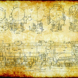 May include: A vintage blueprint of a steam locomotive with detailed drawings of the engine, wheels, and boiler. The blueprint is on aged, yellowed paper with a faded, brown border.