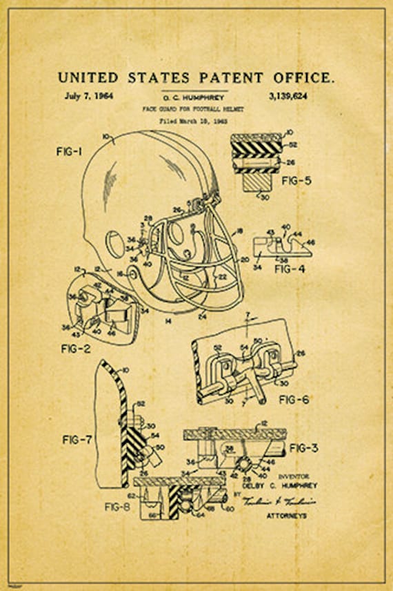 1928 Face Guard for Football Helmet US Patent Blueprint Engineering  Technical Drawing Schematic Home Decor Print Poster