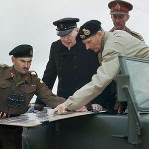 United Kingdom D-Day invasion rare photo of Churchill with Field Marshal Bernard Law Montgomery, battle situation on a map Normandy Poster