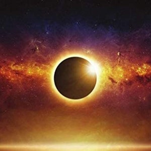 May include: A solar eclipse with a dark silhouette of the moon in front of the sun, surrounded by a bright halo of light. The background is a dark blue space with a faint, swirling galaxy of orange and red.