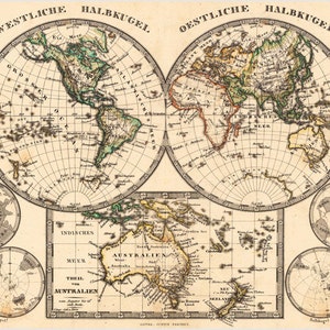 May include: A vintage world map printed on paper with a detailed illustration of the continents and oceans. The map is divided into two hemispheres, the Western Hemisphere and the Eastern Hemisphere. The map also includes a smaller inset map of Australia.