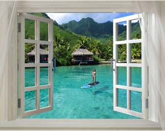 Scenic Picturesque Open Window Onto Pacific Island Paradise Turquoise Water Tahiti Poster