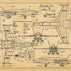 FA-18A Hornet War Plane Blueprint Engineering Technical Drawing Schematic Home Decor Print Poster