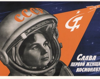 1963 UdSSR Historisches Propagandaplakat „Es lebe die erste Astronautin“ Kalter Krieg Russisches Raumfahrtprogramm der Sowjetunion