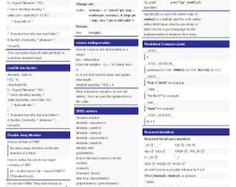 May include: A blue and white cheat sheet with the title "C Cheat Sheet" and information about C programming language, including dynamic memory, casting, file handling, and standard identifiers.