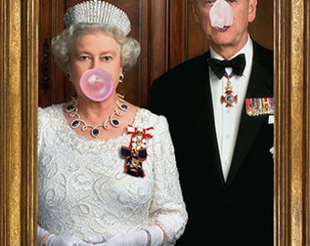 May include: A framed portrait of a woman and a man, both with pink bubble gum bubbles. The woman wears a tiara, a white dress, and a jeweled necklace. The man is in a tuxedo with a bow tie and medals. The frame is gold.