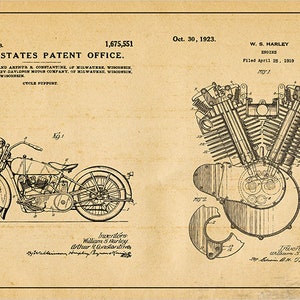 May include: Black and white line drawing of a motorcycle and engine design patent. The patent is for a motorcycle cycle support and engine, and is dated July 3, 1928 and October 30, 1923. The patent is titled "United States Patent Office" and the inventors are listed as William S. Harley and Arthur R. Constantine.