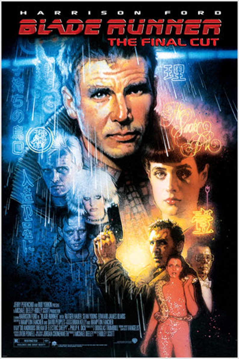 May include: A movie poster for the film Blade Runner: The Final Cut, featuring Harrison Ford as Rick Deckard. The poster is a vibrant mix of blue, yellow, and red, with a futuristic cityscape in the background. The title "Blade Runner: The Final Cut" is in red text, and the text "Harrison Ford" is in white text. The poster also features Japanese text.