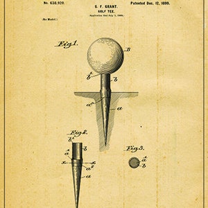 May include: A black and white illustration of a patent for a golf tee. The patent is titled "Golf Tee" and was patented on 12 December 1899. The patent number is 638,920. The illustration shows a golf tee with a ball on top. The patent is for a golf tee that is designed to be more stable and durable.