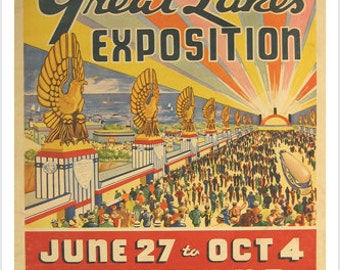 Affiche vintage Art nouveau classique et démodée de l'Exposition des Grands Lacs de Cleveland